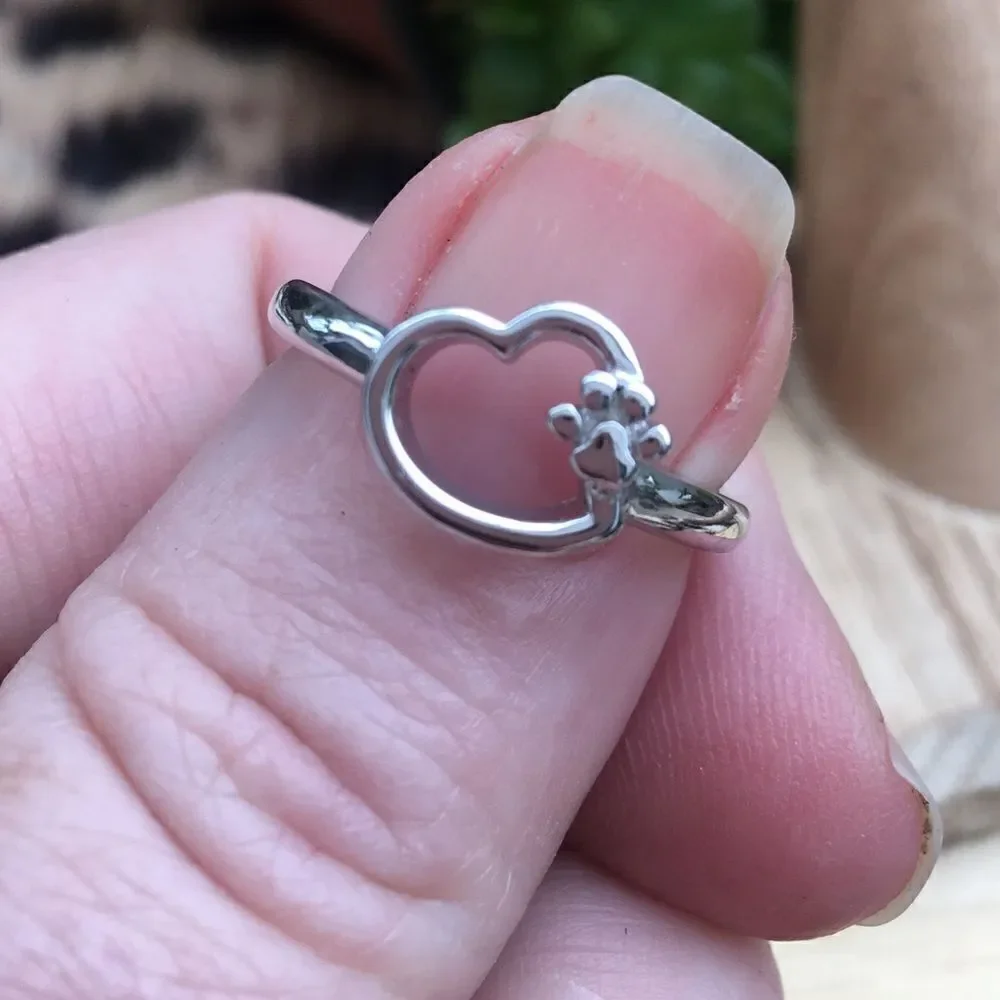 Paw Heart Sterling Silver Ring Size 7